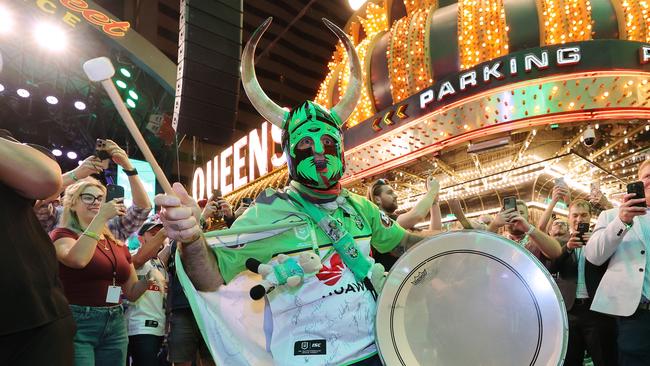 Canberra Raiders drummer Simon Tayoun at an NRL fan event in Las Vegas Picture: Getty images