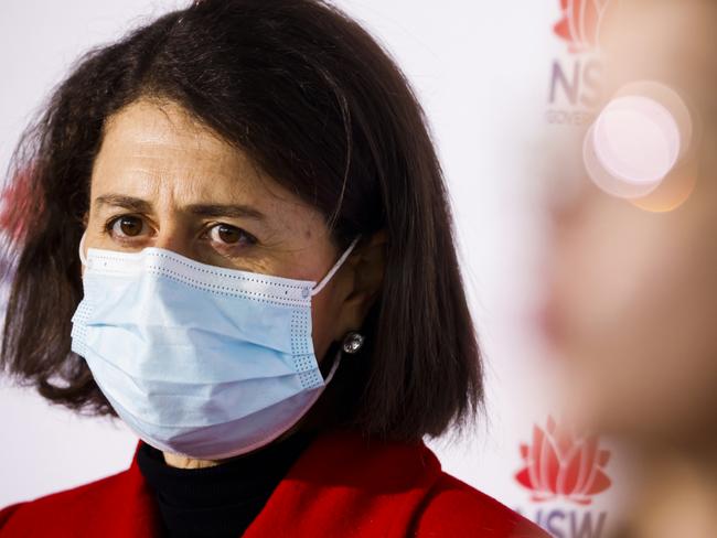 A masked Gladys Berejiklian at a press conference. Picture; Getty Images.