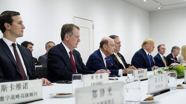 (L-R) Senior Adviser Jared Kushner, Trade Representative Robert Lighthizer, Secretary of Commerce Wilbur Ross, Secretary of State Mike Pompeo, President Donald Trump, acting Chief of Staff Mick Mulvaney, National Security Adviser John R. Bolton, and Ivanka Trump attend a bilateral meeting with China's President Xi Jinping. Picture: AP