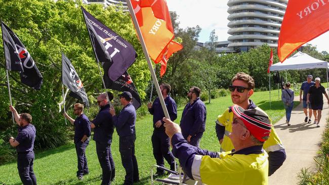 Electrical Trades Union march out the front of The Star Casino for job security. Photo: Facebook/Electrical Trades Union