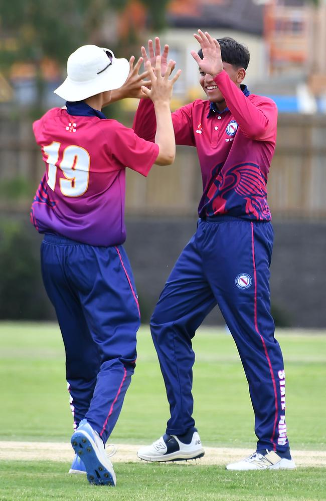 Aadi Patel celebrates a wicket in GPS First XI cricket for Brisbane State High School. Picture, John Gass