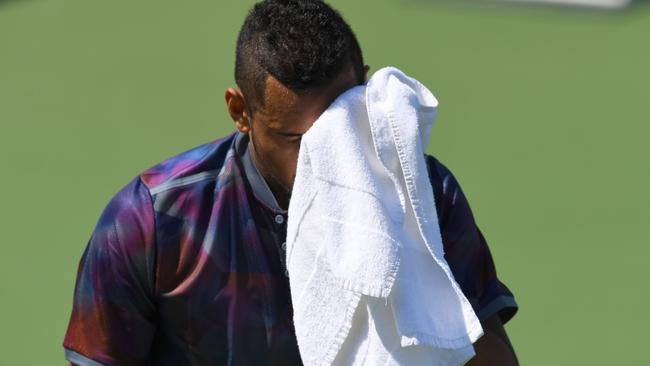 Nick Kyrgios reacts after losing to John Millman in their Men's Singles match at the 2017 US Open.