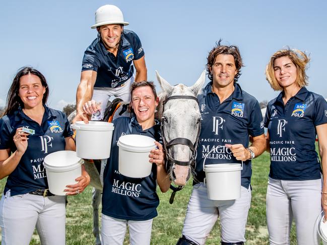 Nicole and Billy Slater, Frankie Dettori, Nacho Figueras and Delfina Blaquier ahead of the Magic Millions Polo match where they will be raising funds for those affected by the bush fires. Picture by Luke Marsden.