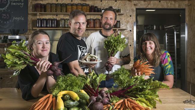 Lauren Byrne from Felds Farm, Luke Burgess, Todd La Marr and Nadia Danti at falafel pop-up in South Hobart. Picture: Caroline Tan