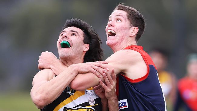 Action from round 2 of the TSL between the Tigers v North Hobart from Kingston Twin Ovals. Tigers Cooper Sawdy and North Hobart's Hamish Allan compete in the ruck. Picture: Zak Simmonds