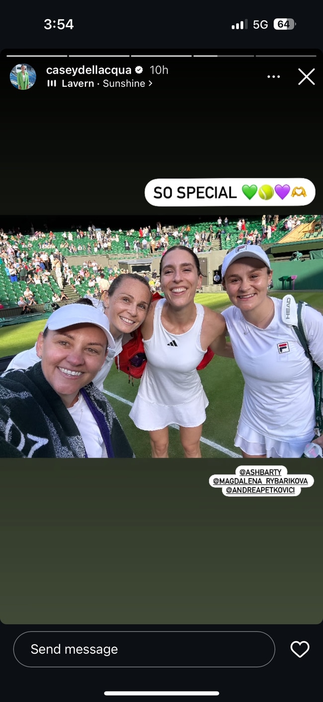 Ash Barty has made a return to the scene of her greatest sporting triumph -- Wimbledon -- when she took to Centre Court with great mate, Casey Dellacqua, in the Legends Event at the All England Club.