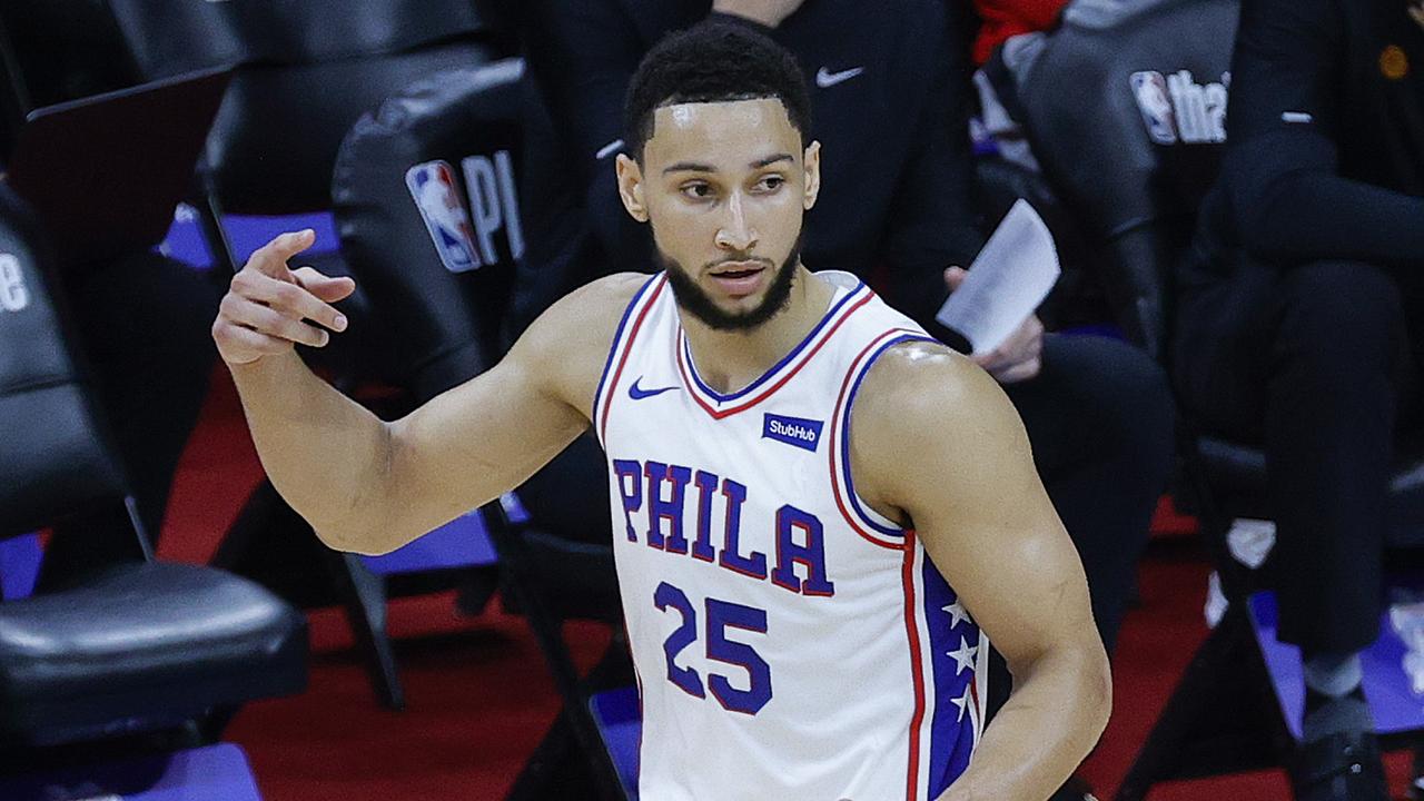 PHILADELPHIA, PENNSYLVANIA - JUNE 20: Ben Simmons #25 of the Philadelphia 76ers signals to teammates during the first quarter against the Atlanta Hawks during Game Seven of the Eastern Conference Semifinals at Wells Fargo Center on June 20, 2021 in Philadelphia, Pennsylvania. NOTE TO USER: User expressly acknowledges and agrees that, by downloading and or using this photograph, User is consenting to the terms and conditions of the Getty Images License Agreement. (Photo by Tim Nwachukwu/Getty Images)