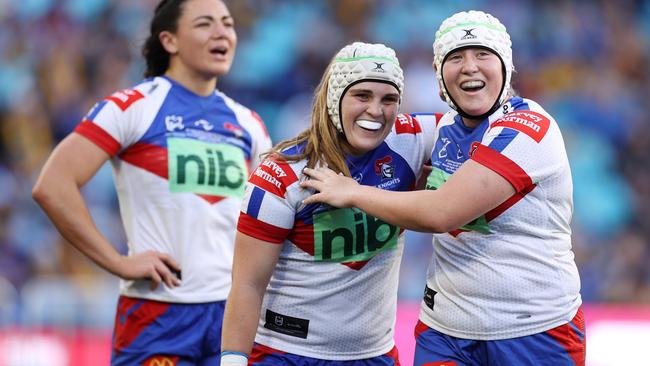 Newcastle Knights players celebrate a try in the NRLW Grand Final.