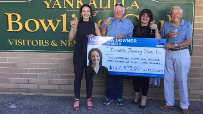 Failed Liberal candidate for Mayo Georgina Downer cheque-handover photo ignited a scandal that left the small club reeling. Picture: Supplied by Georgina Downer