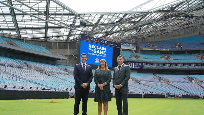 Bulldogs and Rabbitohs_Reclaim the Game Announcement. Aaron Warburton, CEO Canterbury-Bankstown Bulldogs, Natalie Wright, Director Office of Responsible Gambling, Blake Solly, CEO South Sydney Rabbitohs. Supplied