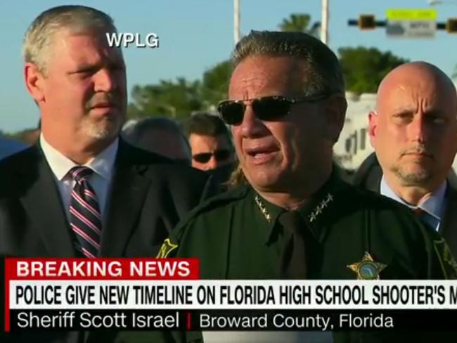 Sheriff Scott Israel gives a press conference about the Florida school shooting, including a timeline of the gunman Nikolas Cruz's movements. Picture: Twitter/CNN