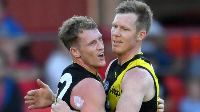 Jack Riewoldt celebrates one of his 10 goals with teammate Josh Caddy. Picture: AAP Images