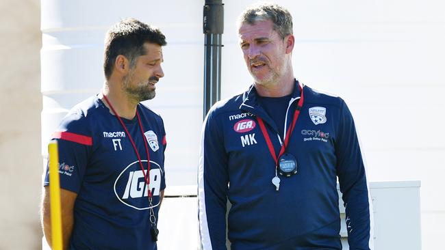 United head coach Marco Kurz (right) and assistant coach Filip Tapalovic at Coopers Stadium on Thursday. Picture: AAP: Image/David Mariuz