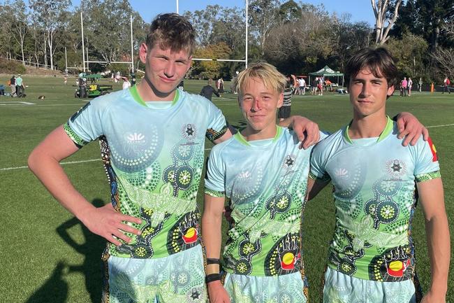 Brisbane Boys’ College old boys Harrison Angel (Brothers), Stan Keats and James Martens (GPS) pictured after a 2023 GPS rugby match.
