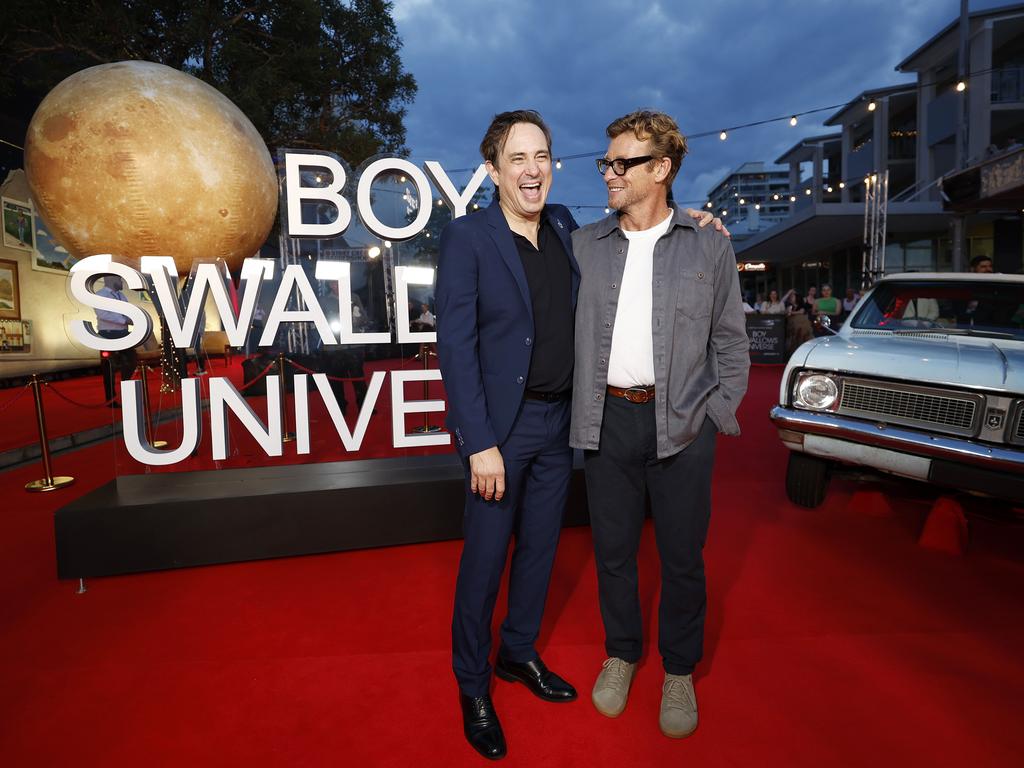 Trent Dalton and Simon Baker at the Netflix world premiere of Boy Swallows Universe at New Farm Cinemas. Picture: Josh Woning