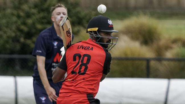 VSDCA: Moorabbin batsman Roshan Livera misses the ball. Picture: Valeriu Campan