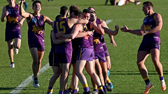 Collegians players celebrate on the siren. Picture: Andy Brownbill