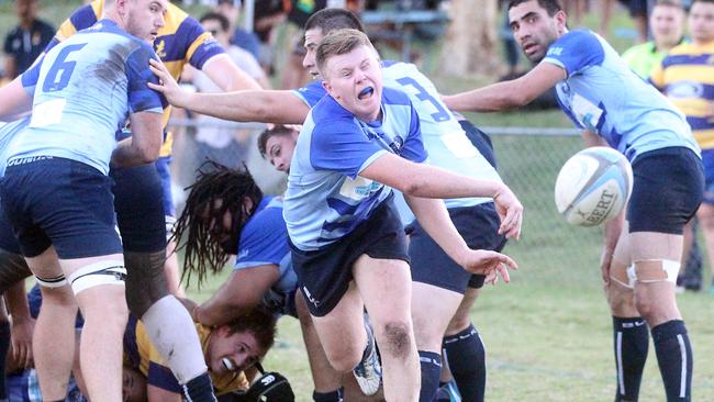 Action pics of the Round 7 Gold Coast District Rugby Union match between Helensvale Hogs and Gold Coast Eagles at the Hogs rugby club on Rugby Lane. Helensvale scrumhalf Scott Stokes. Photo by Richard Gosling