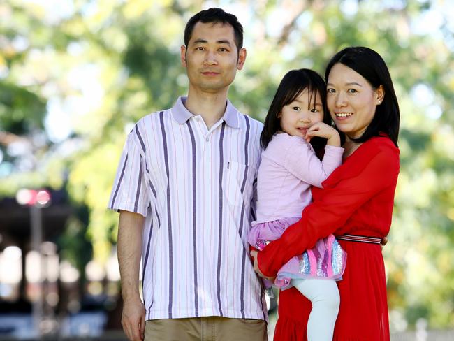 22/04/2019: Chinese migrants, Min Zhu, 37, with his wife June Zhu, 35, and their daughter Olivia, 4, in the seat Bennelong on Easter Monday. Labor are promising a new uncapped long-stay parents visa that would be a quarter the cost of the CoalitionÕs proposed visa. The Coalition had promised the long-stay visa for migrantsÕ parents prior to the last election but the visa is not due to be delivered until July 1. Labor will today seek to gazump the policy, announcing an uncapped scheme, which will not restrict the number of parents each family can sponsor, as a cost of $2500 for a five year visa. The CoalitionÕs scheme is capped at 15,000 places, is limited to one set of parents per household, and costs $10,000 for a five year visa. Hollie Adams/The Australian