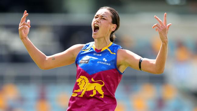 Jesse Wardlaw of the Lions celebrates a goal during the 2022 AFLW Qualifying Final (Photo by Russell Freeman/AFL Photos via Getty Images)