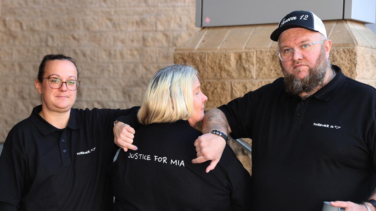 Mia's parents Dani and Paul 'PJ' Rossiter and her grandmother Lynn Rossiter, centre, outside Geelong Court. Picture: Alison Wynd