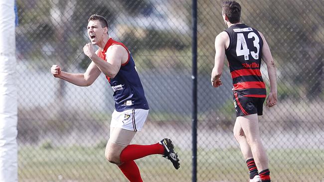 North Hobart's Julian Dobosz celebrates the opening goal of the game. Picture: ZAK SIMMONDS