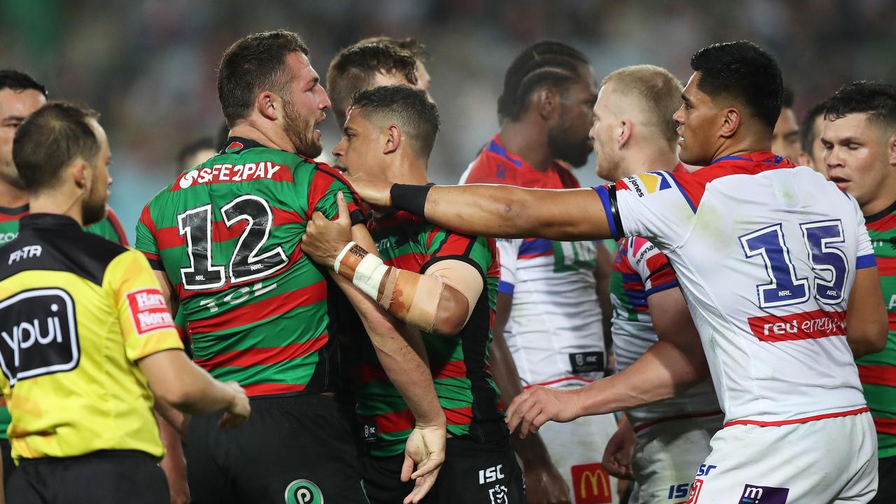 Sam Burgess was accused of a ‘dog shot’ by Knights captain Mitchell Pearce. Picture: Brett Costello