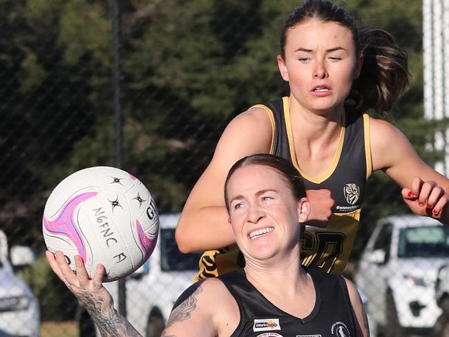 North Geelong's Marney McRandall on the ball. GDFNL North Geelong v Bannockburn netball. Picture: Alan Barber