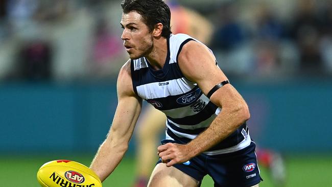 Isaac Smith looks ‘odd’ in his new Geelong colours. Picture: Quinn Rooney/Getty Images