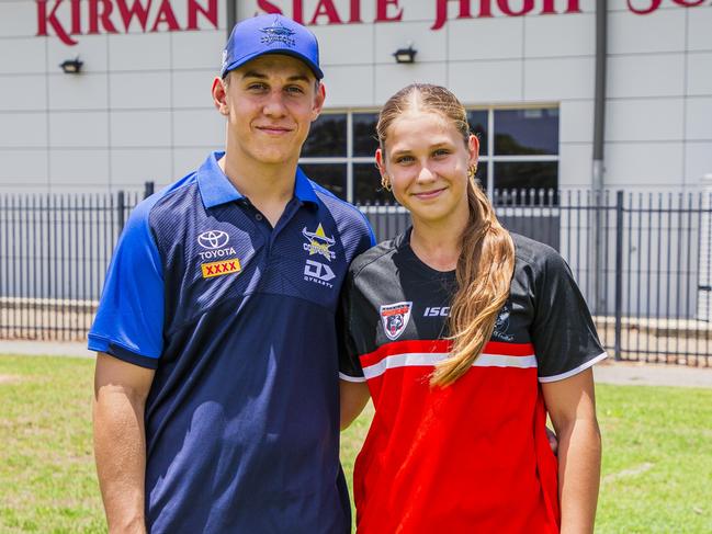 North Queensland Cowboys player Kaiden Lahrs, 18, with his younger sister Macey, 14, of Kirwan State High School. Picture: Alix Sweeney / North Queensland Cowboys