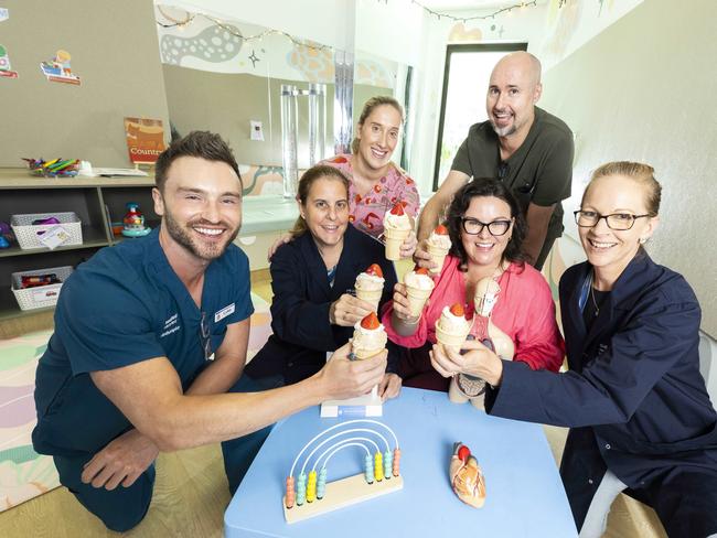 Luke Churchill, Viviana Lutzky, Hanna Stein, Chloe Nguyen, Eamonn Eeles and Megan Grace with EKKA sundaes at Prince Charles Hospital, Chermside, Wednesday, January 29, 2025 - Picture: Richard Walker