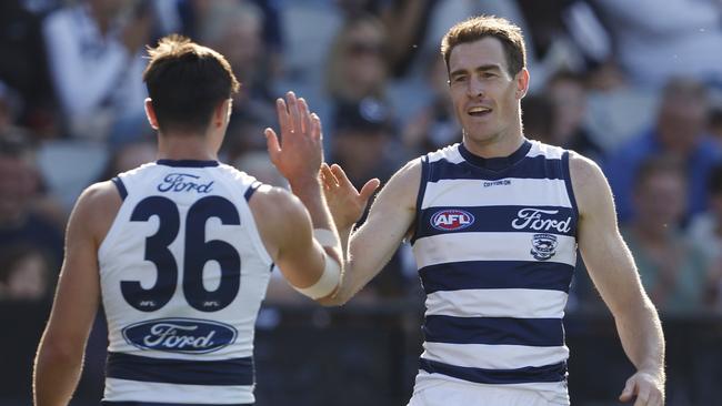 GEELONG, AUSTRALIA - APRIL 14: Jeremy Cameron of the Cats celebrates a goal during the round five AFL match between Geelong Cats and North Melbourne Kangaroos at GMHBA Stadium, on April 14, 2024, in Geelong, Australia. (Photo by Darrian Traynor/Getty Images)