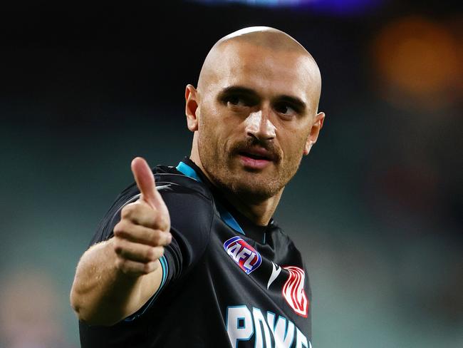 ADELAIDE, AUSTRALIA - APRIL 26: Sam Powell-Pepper of the Power gives the thumbs up to fans before the game during the 2024 AFL Round 07 match between the Port Adelaide Power and the St Kilda Saints at Adelaide Oval on April 26, 2024 in Adelaide, Australia. (Photo by Sarah Reed/AFL Photos via Getty Images)