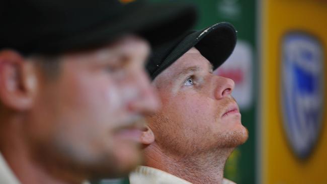 Steve Smith, with Cameron Bancroft, left, front the media. Picture: Ashley Vlotman/Gallo Images/Getty