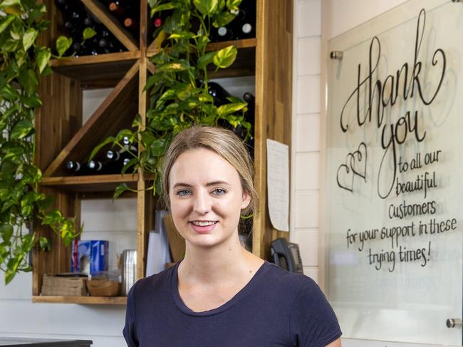 Francesca Fargnoli poses for a photograph at Basil & Vine Italian Cafe in Burpengary, Friday, March 27, 2020. They are doing takeaway and delivery only due to Coronavirus restrictions (AAP Image/Richard Walker)