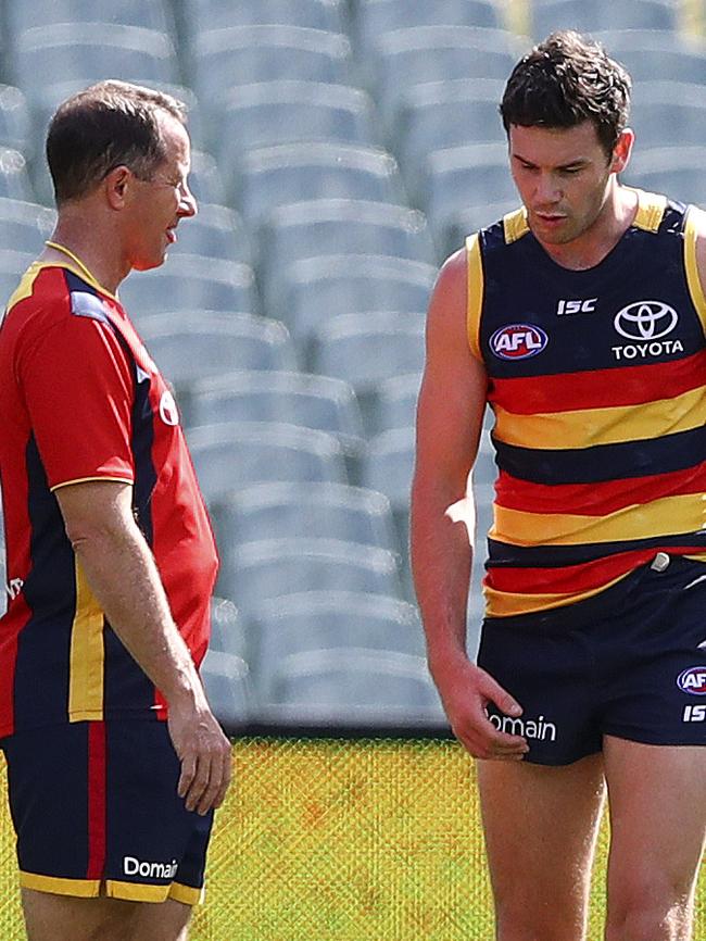 Don Pyke talks to Mitch McGovern on Wednesday. Picture: Sarah Reed