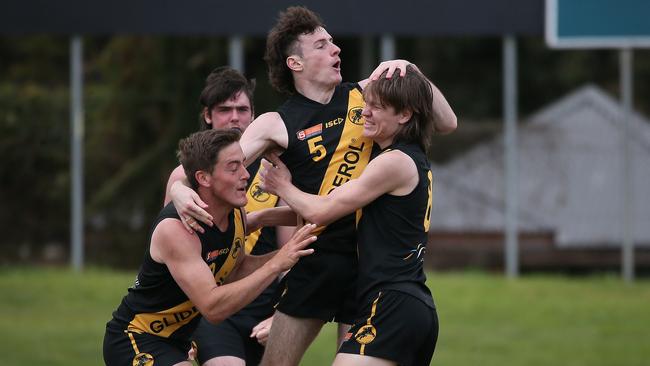 Glenelg under-18 captain Ben Ridgway (#5) celebrates a goal. Picture: SANFL/Peter Argent