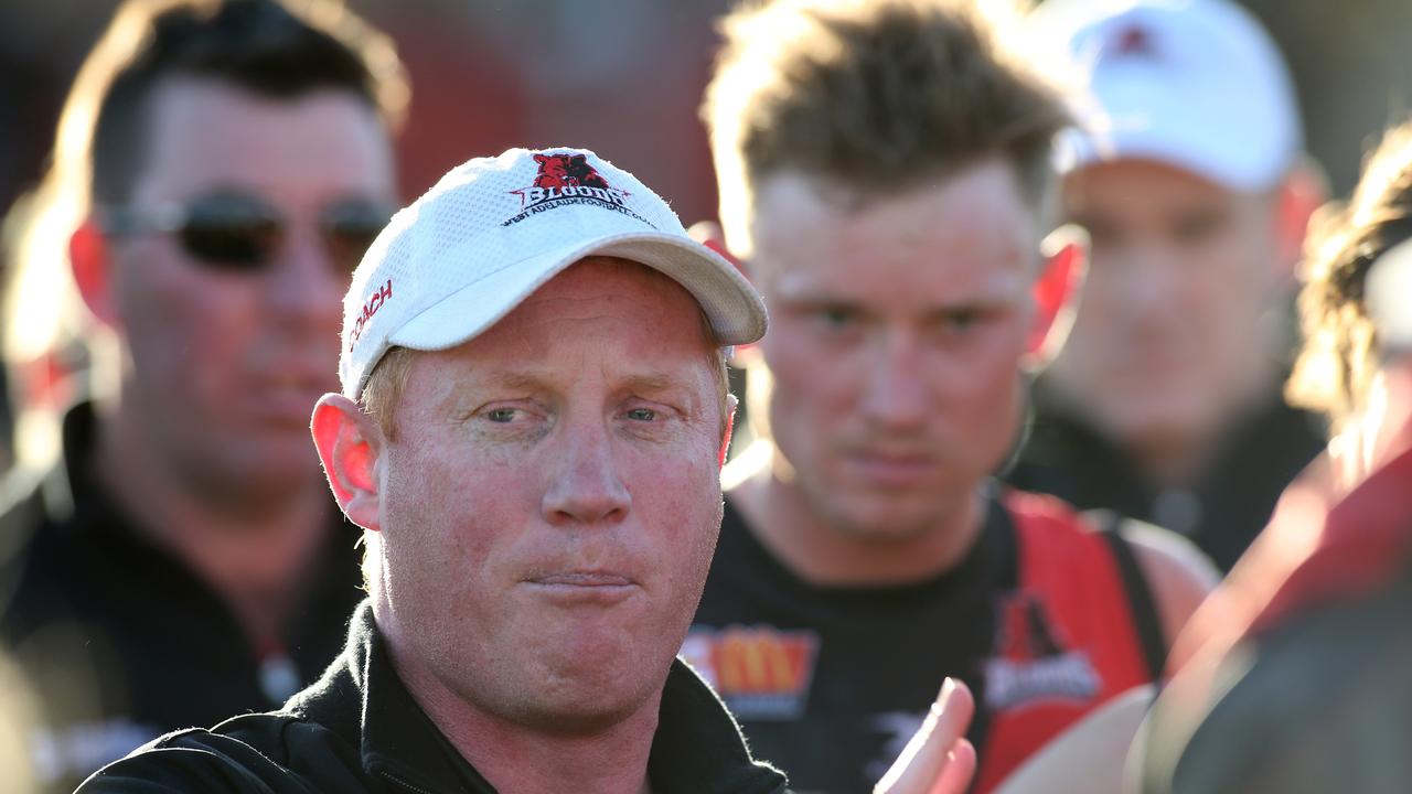 SANFL, West Adelaide v Central District at Richmond Oval. West Coach Gavin Colville, gives his players a bake at three quarter time. Pic. Dean Martin