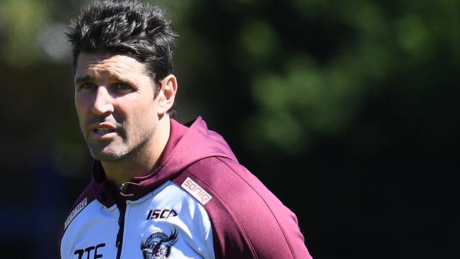 Manly-Warringah Sea Eagles coach Trent Barrett during a training session in Sydney, Wednesday, September 6, 2017. The Sea Eagles take on the Penrith Panthers in week 1 of the NRL Finals Series at Lottoland on Saturday. (AAP Image/Dean Lewins) NO ARCHIVING