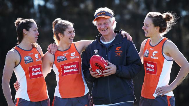 GWS women’s head coach Alan McConnell with players Renee Forth, Maddy Collier and Emma Swanson. Picture: Phil Hillyard