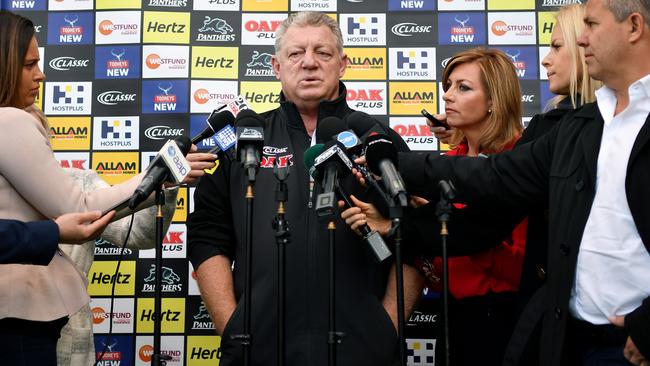 Penrith Panthers general manager Phil Gould speaks to the media during a press conference in Sydney, Tuesday, August 7, 2018. Gould said Penrith have received a dozen job applications, including some from rival NRL head coaches, since their decision to sack Anthony Griffin. (AAP Image/Joel Carrett) NO ARCHIVING