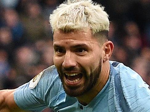 Manchester City's Argentinian striker Sergio Aguero celebrates scoring his team's third goal during the English Premier League football match between Manchester City and Burnley at the Etihad Stadium in Manchester, north west England, on February 10, 2019. (Photo by Oli SCARFF / AFP) / RESTRICTED TO EDITORIAL USE. No use with unauthorized audio, video, data, fixture lists, club/league logos or 'live' services. Online in-match use limited to 120 images. An additional 40 images may be used in extra time. No video emulation. Social media in-match use limited to 120 images. An additional 40 images may be used in extra time. No use in betting publications, games or single club/league/player publications. /