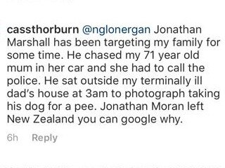 Thorburn hit back, claiming he was a pap that has been bothering her family. Picture: Instagram/@cassthorburn