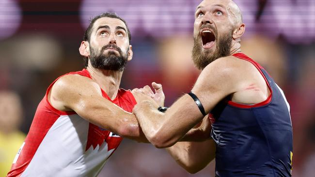 SYDNEY, AUSTRALIA - MARCH 07: Brodie Grundy of the Swans and Max Gawn of the Demons compete for the ball during the 2024 AFL Opening Round match between the Sydney Swans and the Melbourne Demons at the Sydney Cricket Ground on March 07, 2024 in Sydney, Australia. (Photo by Michael Willson/AFL Photos via Getty Images)