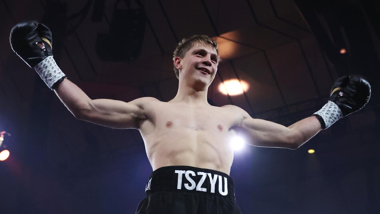 MELBOURNE, AUSTRALIA - MAY 24: Nikita Tszyu celebrates victory after defeating Benjamin Bommber during their Super-welterweight bout at Margaret Court Arena on May 24, 2023 in Melbourne, Australia. (Photo by Robert Cianflone/Getty Images)