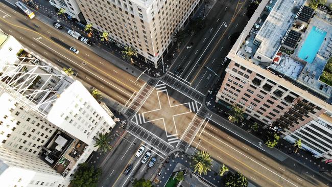 An aerial view of the normally bustling intersection of Hollywood and Vine in Los Angeles. Picture: Getty Images