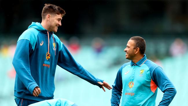 Usman Khawaja (R) has been left stranded five runs shy of a maiden Test double century. Picture: Getty