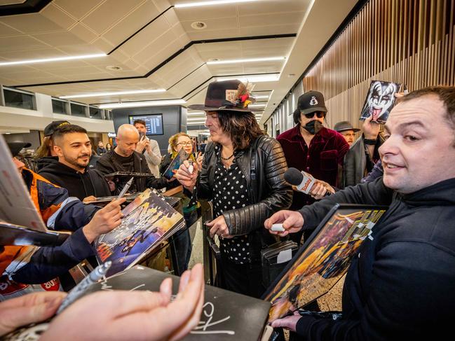 Paul Stanley signs autographs for fans upon arrival at Melbourne Airport to begin the Australian leg of the End of the Road Tour. Picture: Jake Nowakowski