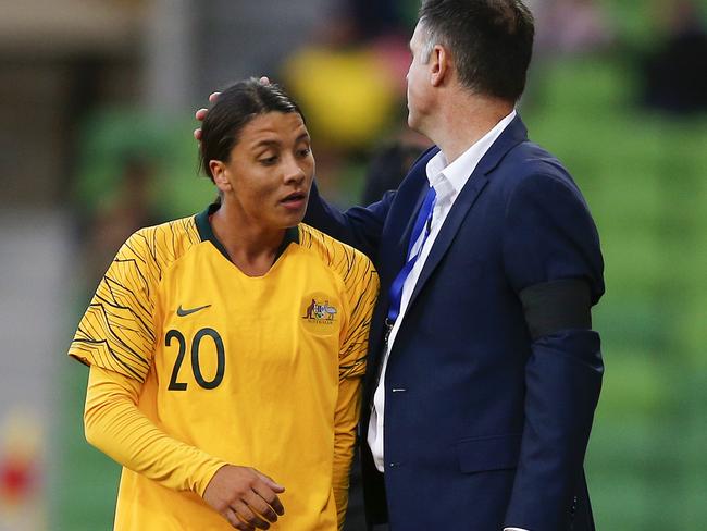 Sam Kerr with Australia head coach Ante Milicic after being subbed off against Argentina.