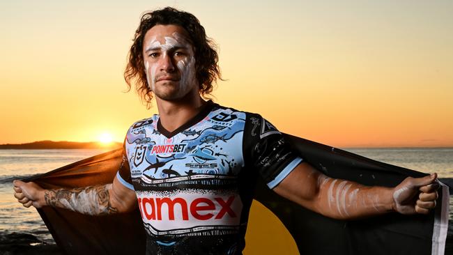 WARNING: NOT FOR USE BEFORE THURSDAY, MAY 26 Cronulla Sharks star Nicho Hynes at the beach as part of Indigenous round.  Digital image by Grant Trouville  © NRL Photos